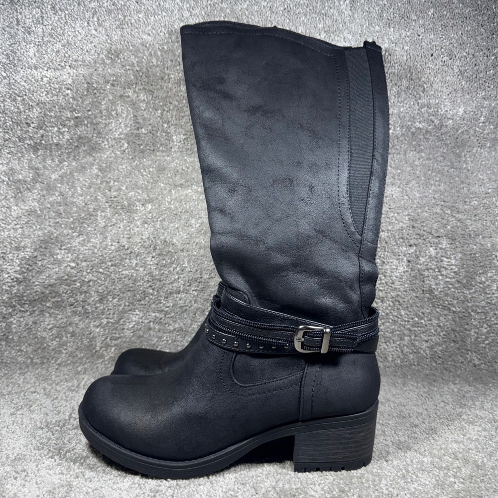 UNR8ED Tall Knee High Boots‎ Stretch Calf Black Moto Buckle Studded Womens 7.5